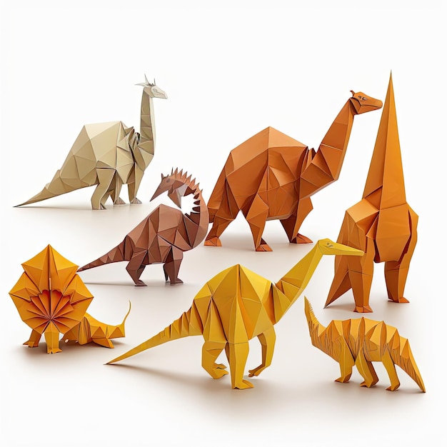 Zestaw Dinozaury Origami białe tło Wykonane przez AIArtificial Intelligence