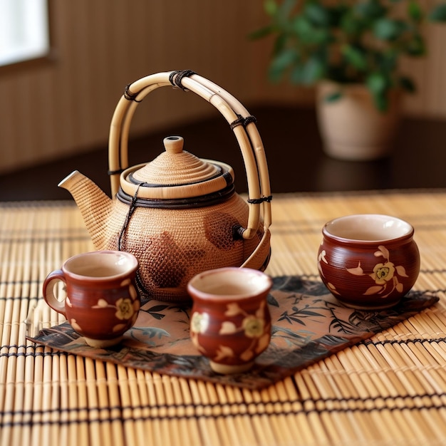 Zestaw do herbaty składający się z dwóch filiżanek i małego czajniczka na bambusowej macie.
