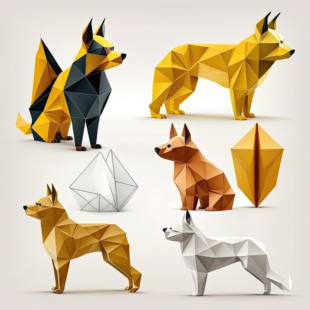 Zestaw Dog Origami białe tło Wykonane przez AIArtificial Intelligence