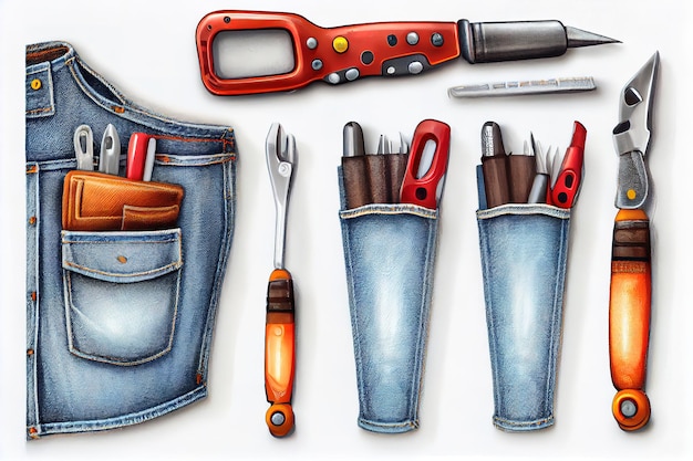 Zdjęcie zestaw domowych narzędzi do prac naprawczych w kieszeniach dżinsów generative ai