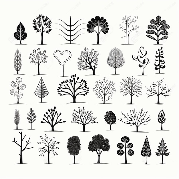 Zdjęcie zestaw drzew i krzewów w czarno-białej generatywnej ai