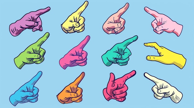 Zdjęcie zestaw dwunastu kolorowych rąk wskazujących w różnych kierunkach wszystkie rączki są różnych kolorów i wszystkie wskazują w różnych kierunku