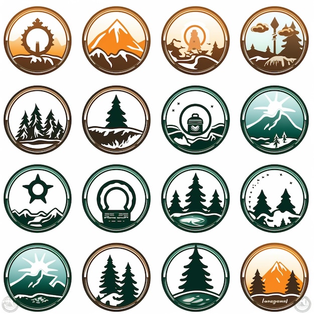 zestaw dziewięciu różnych górskich i leśnych ikon generatywnych ai