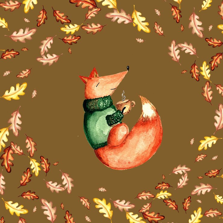 Zdjęcie zestaw elementów akwareli jesienne liście jarzębiny klon dębu jasne grzyby cute funny fox