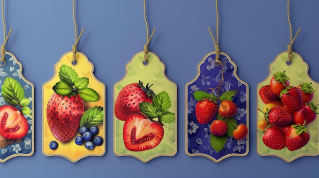 Zestaw etykiet na owoce i jagody na niebieskim tle Etykiety z rysunkami owoców szablon dla produktu Ilustracja