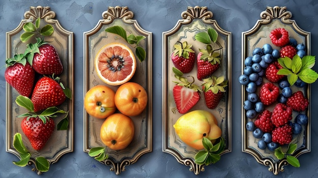 Zestaw etykiet na owoce i jagody na niebieskim tle Etykiety z rysunkami owoców Szablon dla Twojego produktu Ilustracja