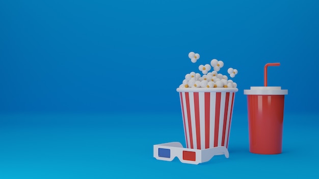 Zestaw Filmów. Popcorn, Okulary 3d Z Jednorazowym Kubkiem Na Napoje Na Białym Tle. Koncepcja Kina Teatralnego. 3d Renderowania Ilustracja.