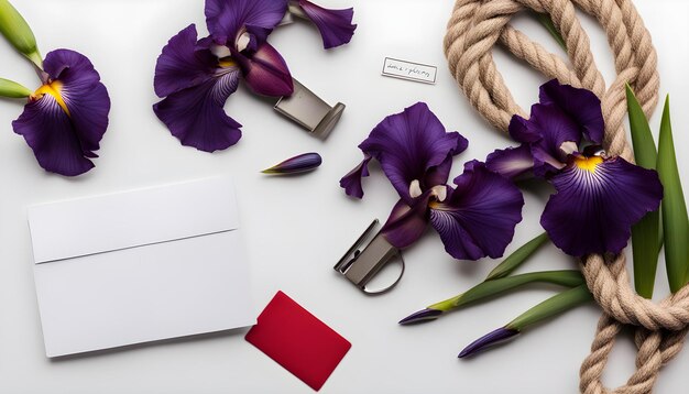zestaw fioletowych kwiatów z kartką z napisem "dziękuję"