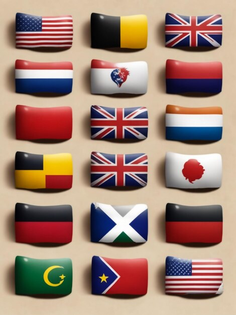 Zestaw flag Najbardziej znanych krajów Flagi w kształcie owalów z cieniem na szarym tle