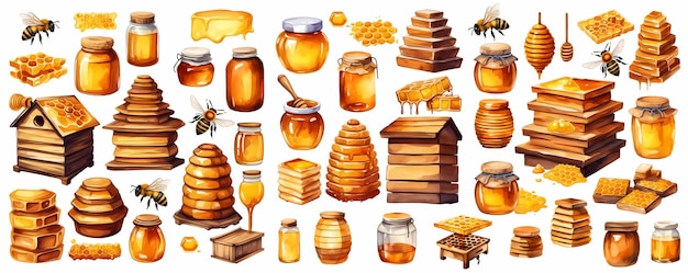 Zestaw głównych produktów pszczelarskich Akwarela ręcznie malowana izolowana ilustracja na białym tle