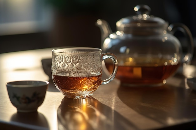Zestaw herbaty w centrum uwagi na drewnianym stole i zachodzie słońca świecącym na tle generatywnej ai