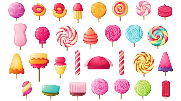 Zdjęcie zestaw ikon cukierków edukacyjny film animowany zestaw ikon cukierków do projektowania sieci web samodzielnie na białym tle