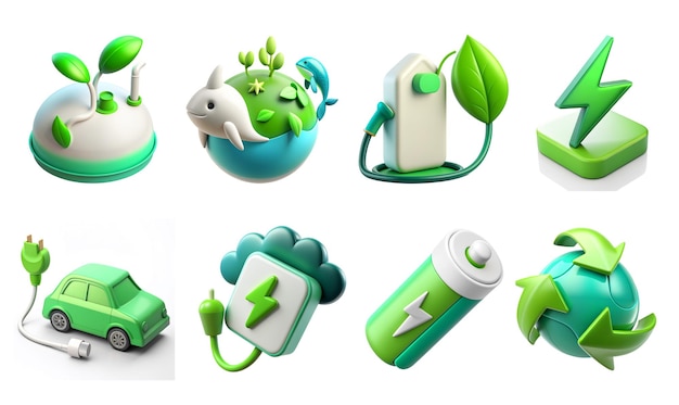 Zestaw ikon ekologicznych w stylu renderowania 3D izolowany na białym lub przezroczystym wycięciu tła