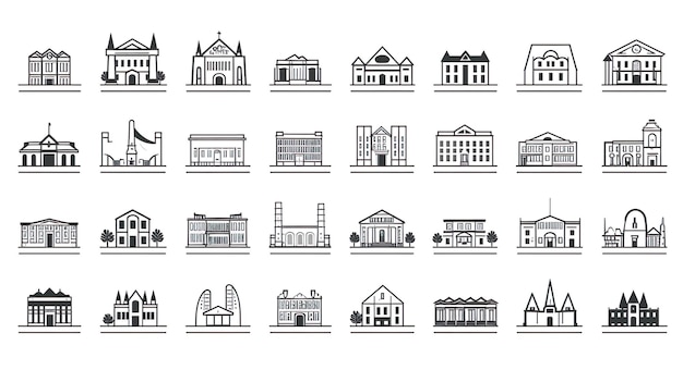 Zestaw ikon linii budynków Bank szkoła sąd uniwersytet biblioteka Koncepcja architektury Może być używana do tematów takich jak biura miasto nieruchomości