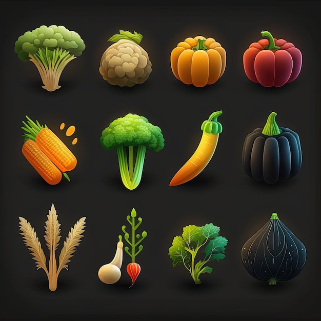 Zestaw ikon warzyw do gry na czarnym tle Generatywna sztuczna inteligencja