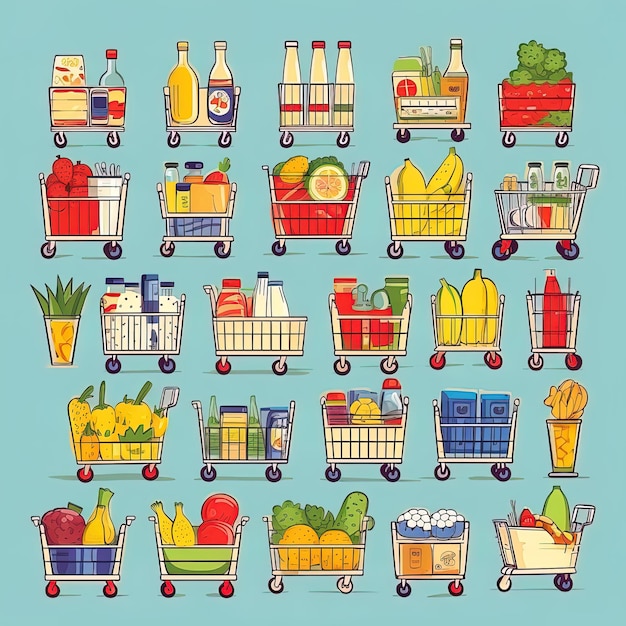 Zdjęcie zestaw ikon wózków supermarketów pełnych towarów