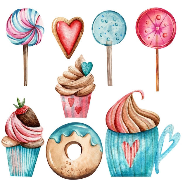 Zestaw ilustracji akwarelowych różowo-niebieskich lizaków, kremowych cupcakes, pączków, ciasteczek, pucharu kakaowego