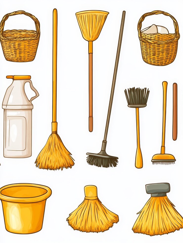 Zdjęcie zestaw ilustracji na potrzeby sprzątania