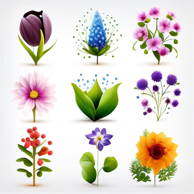 Zestaw ilustracji stylów wektorowych kwiatów i liści do grafiki stworzonej za pomocą technologii Generative AI