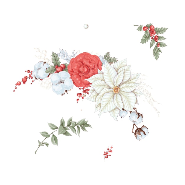 Zestaw ilustracji świątecznych bukietów zimowych kwiatów poinsecja bawełniana i pomarańczowa