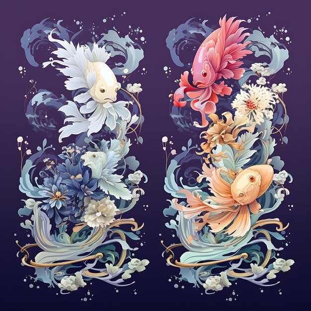 Zestaw Iris Chrysanthemums Goldfish Lunar New Year Prosperity Coo 2D Flat Art Ilustracja