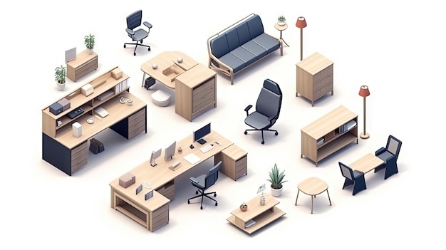 Zdjęcie zestaw izometrycznych mebli biurowych z ikonami biurka i krzesła