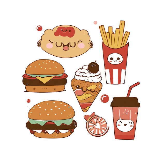 Zestaw jedzenia w różnych stylach kreskówek