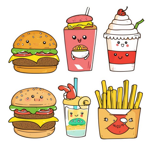 Zestaw jedzenia w różnych stylach kreskówek