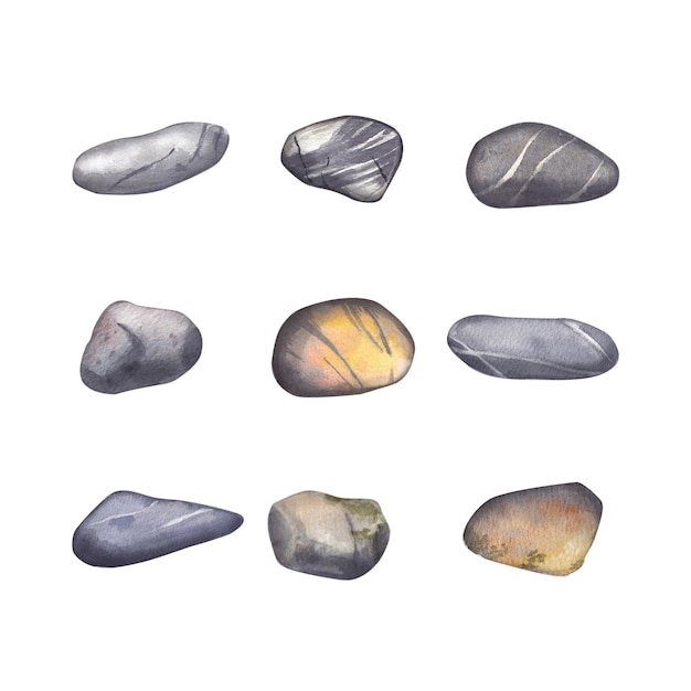 Zestaw kamieni morskich o różnych rozmiarach wyizolowanych na białym Akwarela ilustracji szarych kamieni