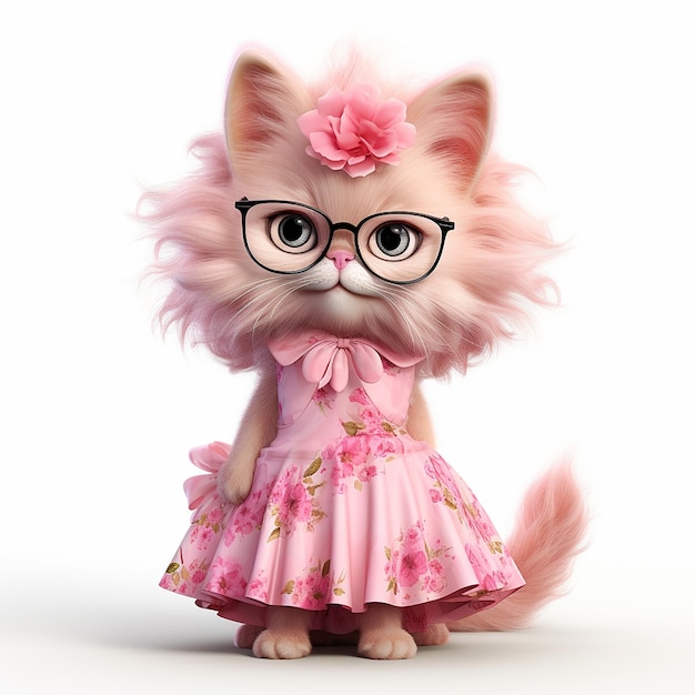 Zestaw klipatów przedstawiający uroczego różowego kota z kręconym ogonem w modnych okularach i ubranego w różowe kwiaty