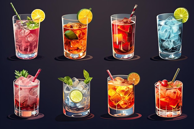 Zestaw koktajli Napoje alkoholowe mojito tequila wschód słońca longdrink caipirinha cola cola z kostkami lodu z limonki i wiśnią i słomką Koktajle alkoholowe zestaw mocnych drinków i aperitifów AI Generated