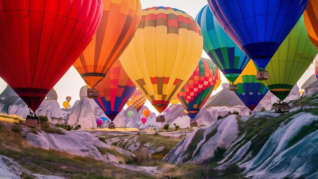 Zestaw kolorowych balonów latających nad ziemią w Kapadocji w Turcji