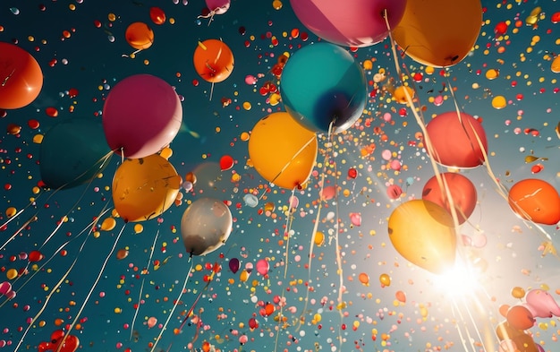 zestaw kolorowych balonów wypuszczonych w niebo