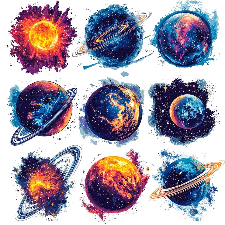 Zdjęcie zestaw kolorowych elementów planetarnych i kosmicznych