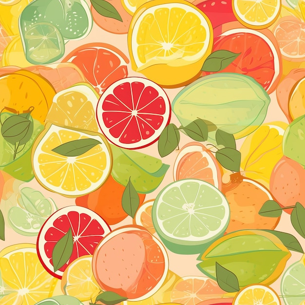 Zestaw kolorowych owoców cytrusowych, pomarańczy, grejpfruta, cytryny i limonki jako bezszwowy wzór generacji AI