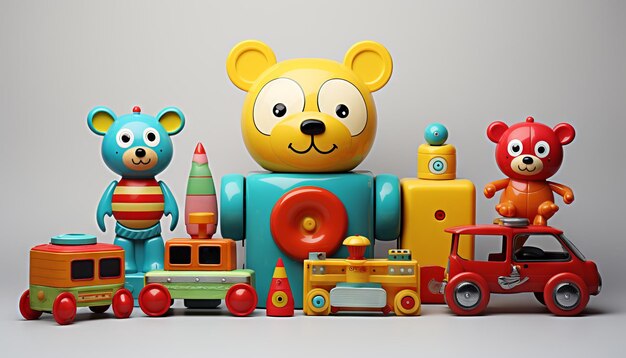 Zdjęcie zestaw kolorowych zabawek dla dzieci wyizolowanych na białym tle