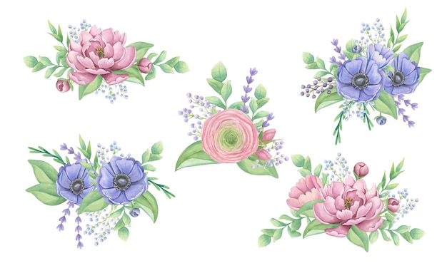 Zestaw kompozycji ślubnych kwiatów z piwonii ukwiały ranunculus i eukaliptusa Bukiety ślubne Kliparty botaniczne Akwarela ilustracja na białym tle