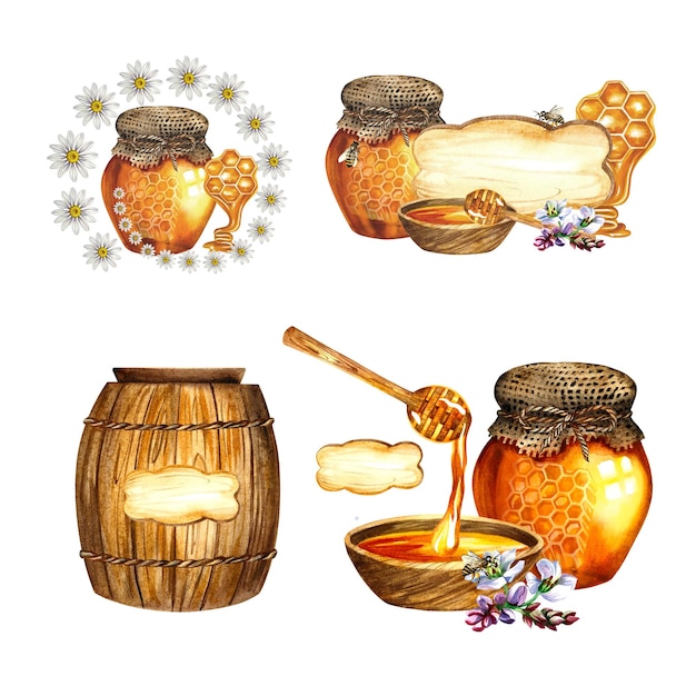 Zestaw kompozycji z miodemIzolacja na białym tle akwarela ręcznie rysowane ilustracji