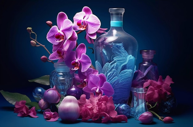 zestaw kosmetyczny niebieskich butelek z fioletowym fioletem i storczykami generatywnymi ai