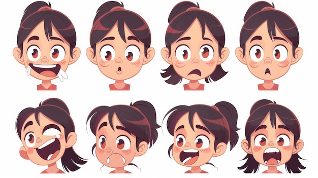 Zestaw kreskówek z animacjami ust dzieci Dziewczyna z różnymi wyrazami twarzy i ustami pozuje w różnych wymowach angielskiego Nowoczesny zestaw rysunków z ruchami ust mówiących dzieci