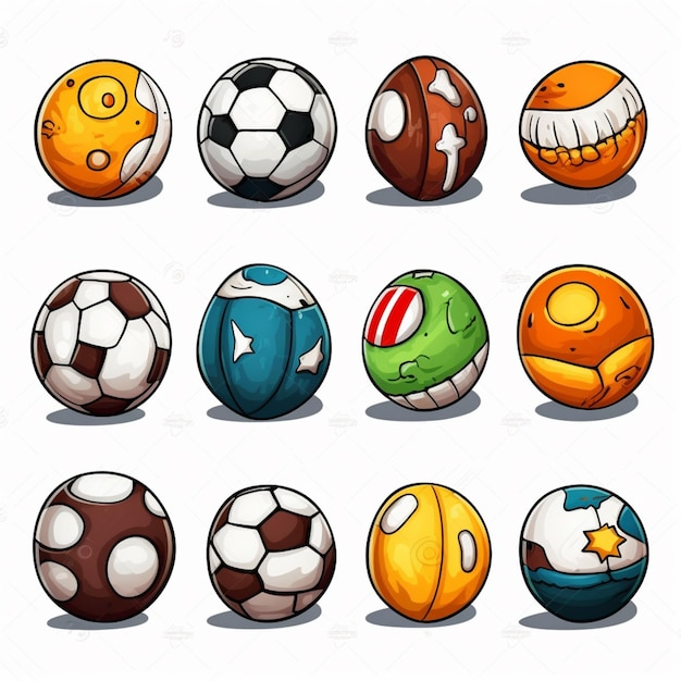 Zdjęcie zestaw kreskówkowych piłek nożnej o różnych wzorach generatywnej ai