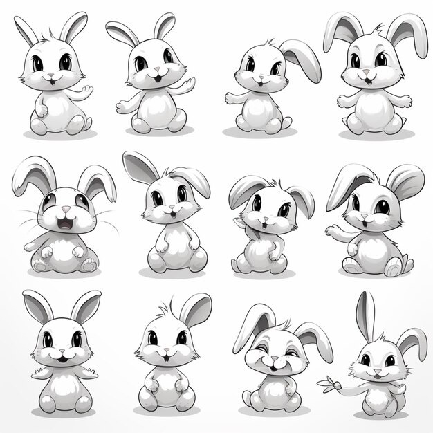 Zdjęcie zestaw kreskówkowych postaci królików z różnymi wyrażeniami generatywny ai