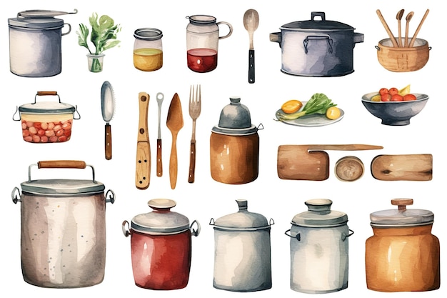 Zdjęcie zestaw kuchennych rzeczy namalowanych akwarelą na białym, izolowanym tle generative ai