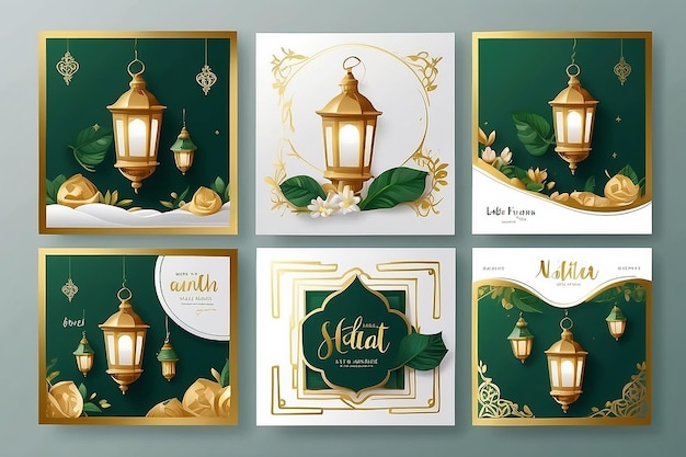 Zestaw kwadratowych szablonów postów w mediach społecznościowych w kolorze zielonym, białym i złotym z projektem latarni Iftar oznacza śniadanie