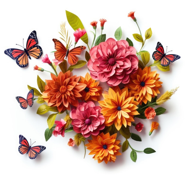 Zestaw kwiatów z motylami monarchy latającymi wokół nich