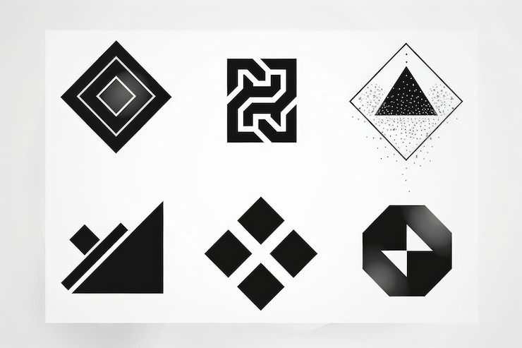 Zdjęcie zestaw logo z czarnym minimalnym kształtem geometrycznym, projektowanie logo biznesowego, ilustracja wektorowa na białym tle