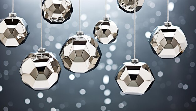 Zestaw lustrzanych kul bożonarodzeniowych z geometrycznym wzorem wiszącym na zimowym tle bokeh