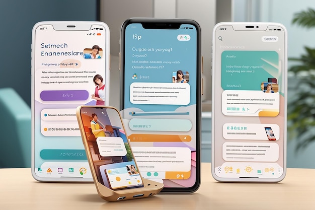 zestaw makiet smartfonów dla platformy uczenia się języków prezentujących urządzenia w różnych orientacjach z dostosowywanymi lekcjami języka i quizami na ekranach