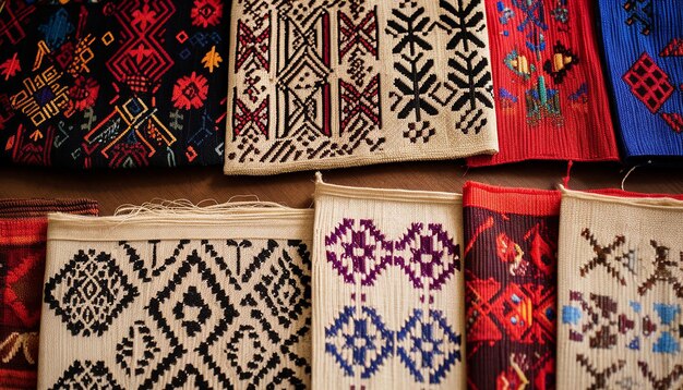 zestaw Martisorów wyświetlany na tradycyjnej rumuńskiej tkaninie