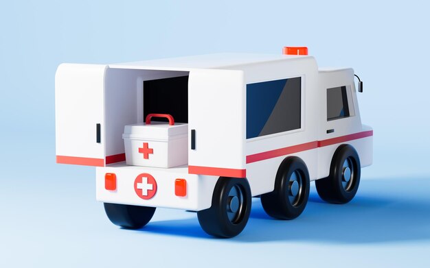 Zdjęcie zestaw medyczny w renderowaniu 3d ambulansu otwierającego